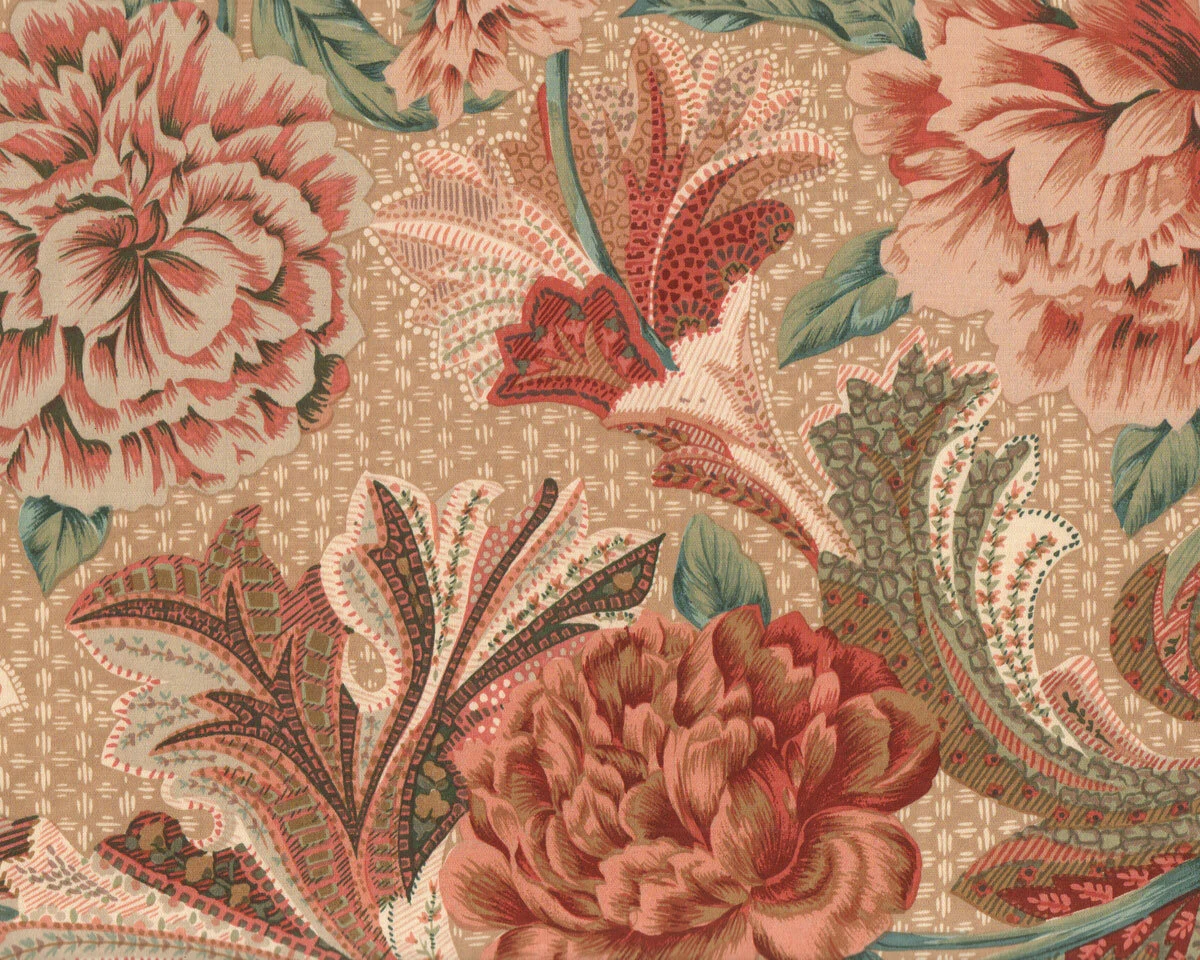 Baumwoll-Dekostoff mit großen Blumen und Ornamentblättern, rosébraun