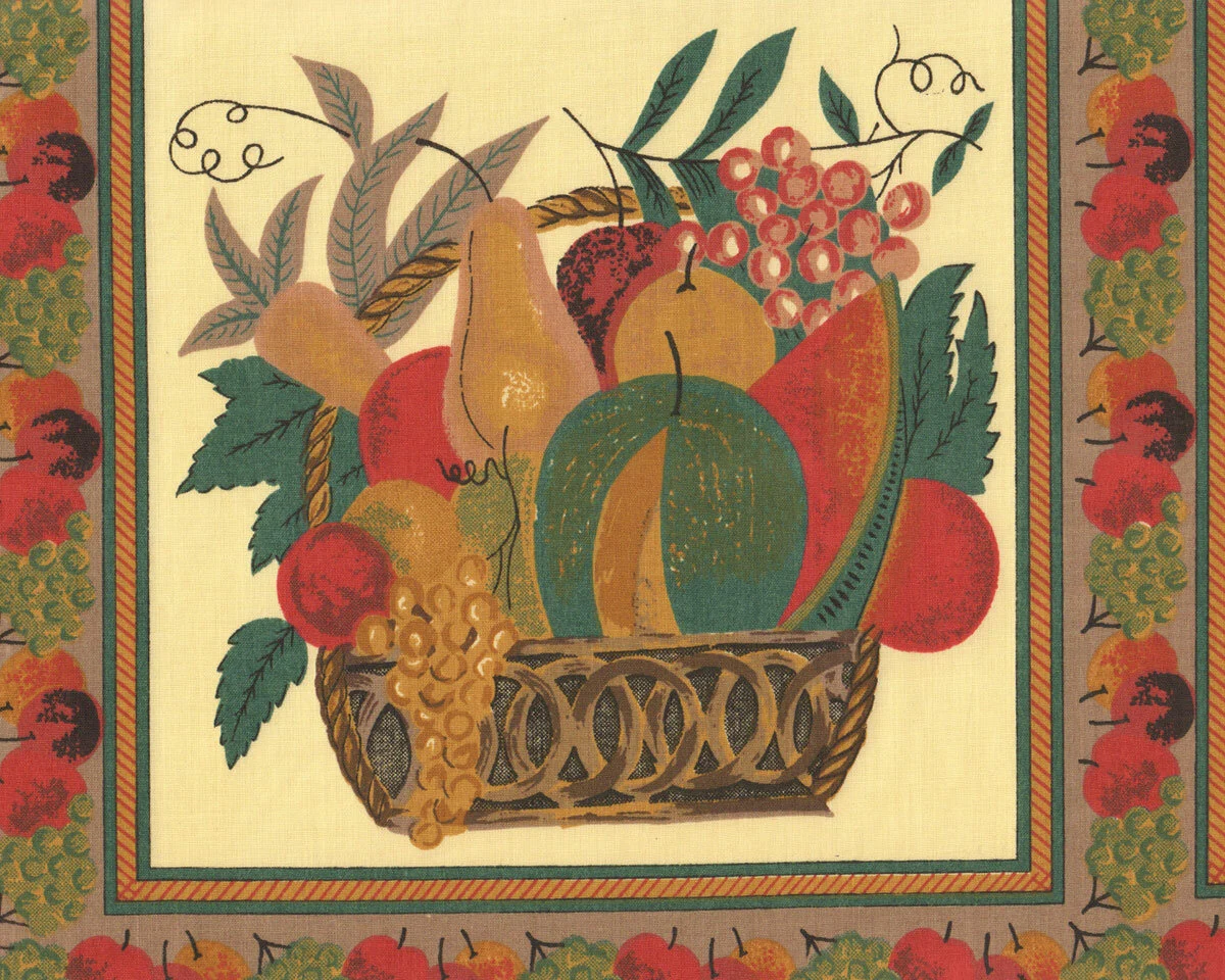 Baumwoll-Dekostoff OBSTKORB, dunkelrot-goldbraun