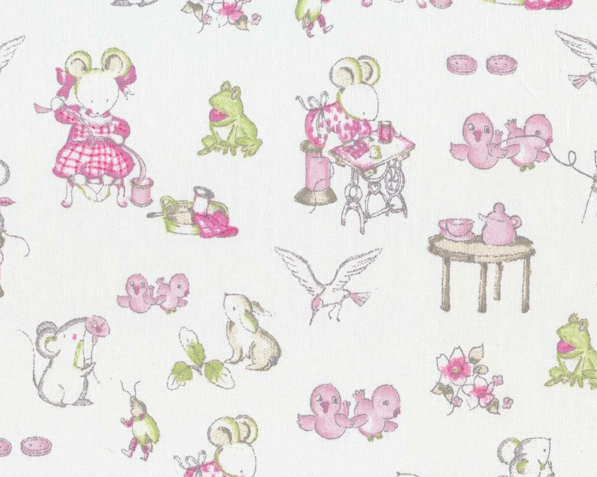 Baumwoll-Dekostoff SUZY, kleine Mäuse, gebrochenes weiß-rosa