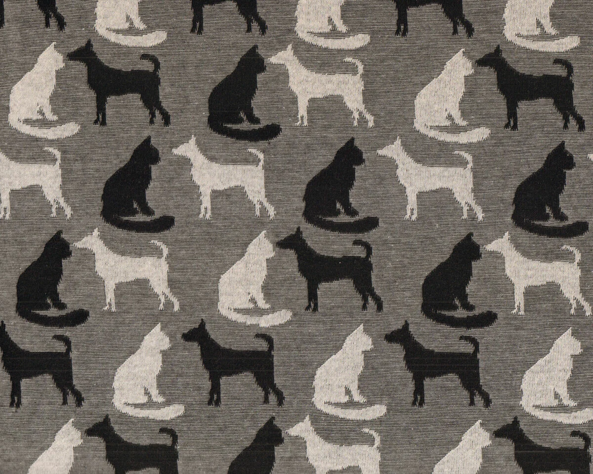 Baumwoll-Jacquardjersey CAT AND DOGS, Hunde und Katzen, anthrazit