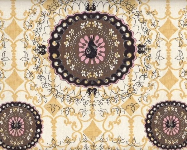 Baumwoll-Leinenstoff PERNILLAS LINEN, Kreis-Ornamente mit Seepferdchen, cremé, Free Spirit