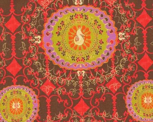Baumwoll-Leinenstoff PERNILLAS LINEN, Kreis-Ornamente mit Seepferdchen, mittelbraun, Free Spirit