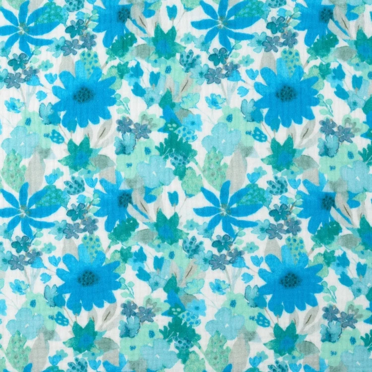 Baumwoll Musselin Summer Flowers, blau