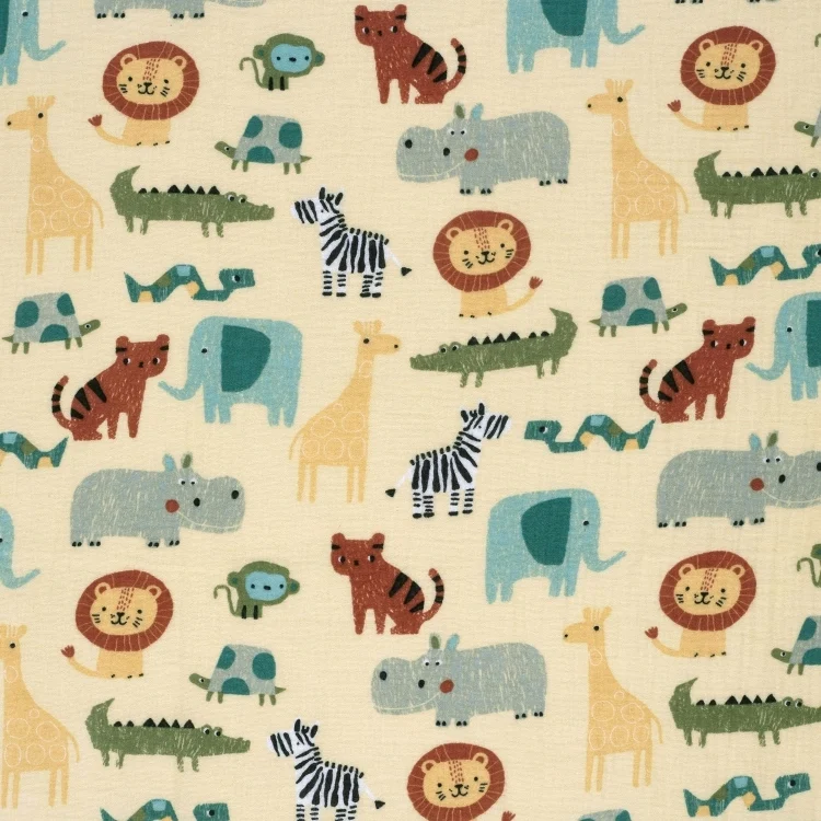 Baumwoll Musselin Zoo Animals, creme