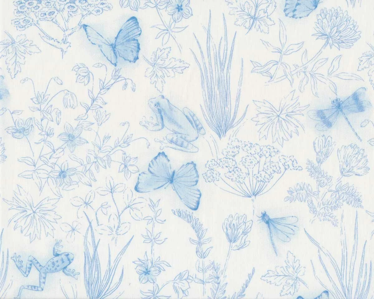 Baumwoll-Popeline EMILIE, Frosch und Schmetterling, wollweiß-hellblau, Hilco