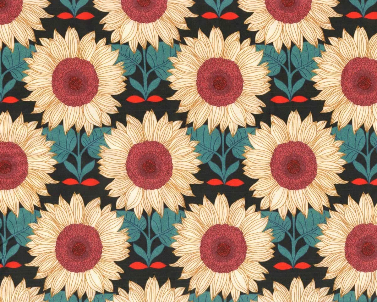 Baumwoll-Popeline EMILIE, Sonnenblume, petrol-dunkelrot, Hilco