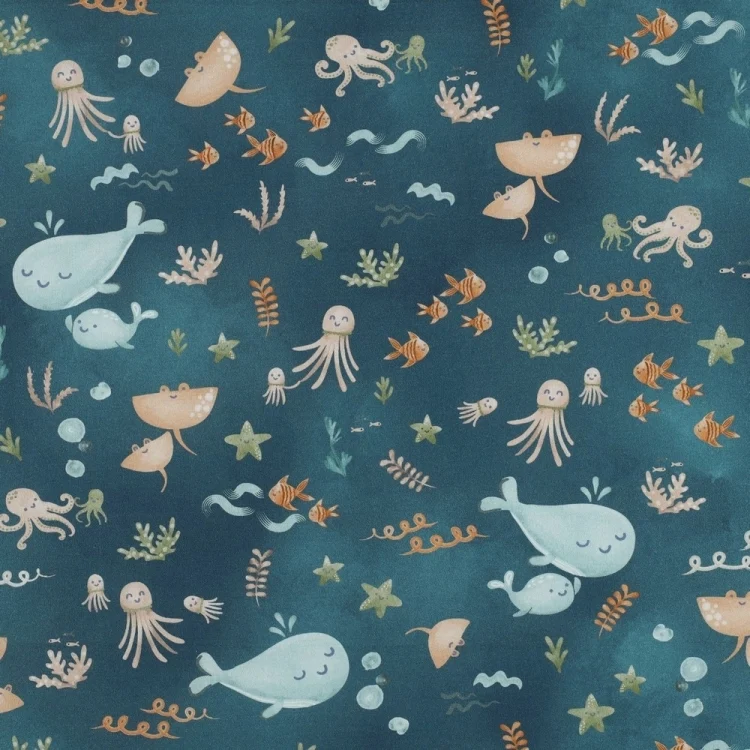 Baumwoll Popeline Sea Animals, petrol