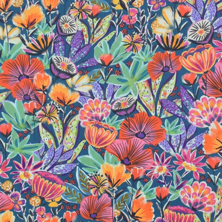 Baumwoll Popeline Wildflowers, petrol