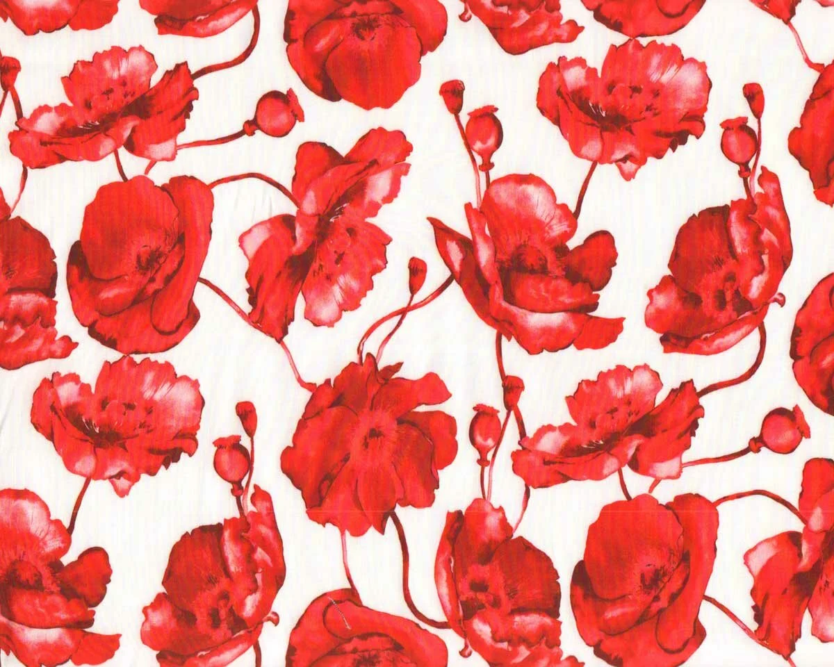 Baumwoll-Popelinestoff mit Stretch BLANKA, Mohnblumen, weiß-rot, Hilco