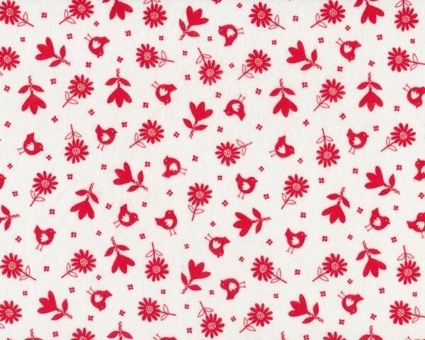 Baumwollflanell BIRDY mit Blümchen und Vögelchen, rot-weiß