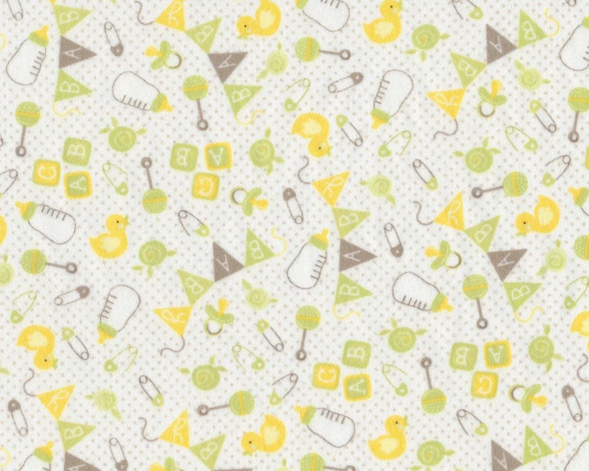 Baumwollflanell SWEET BABY, Babyspielzeug, weiß-helles apfelgrün, Moda Fabrics