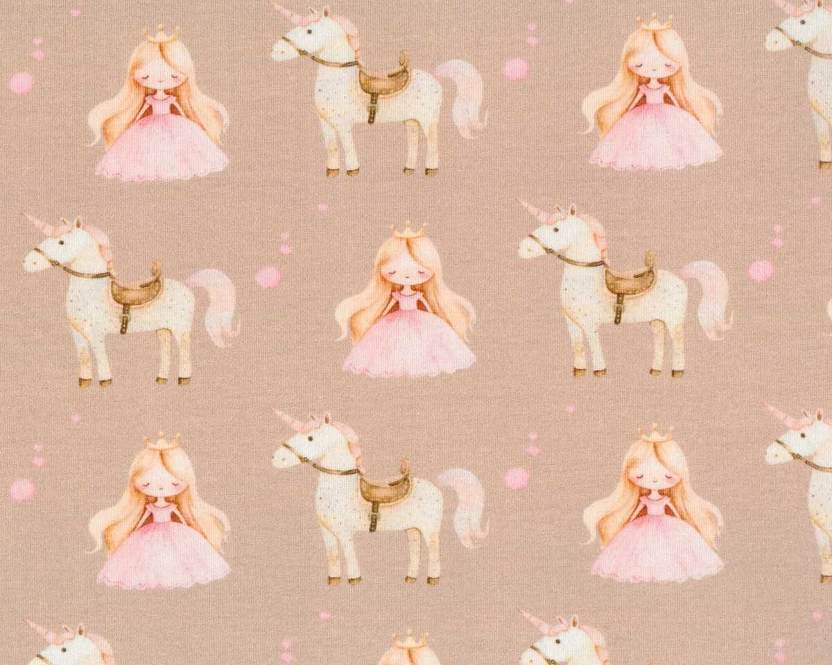 Baumwolljersey BELLE, Prinzessin und Einhorn, beigegrau, Hilco