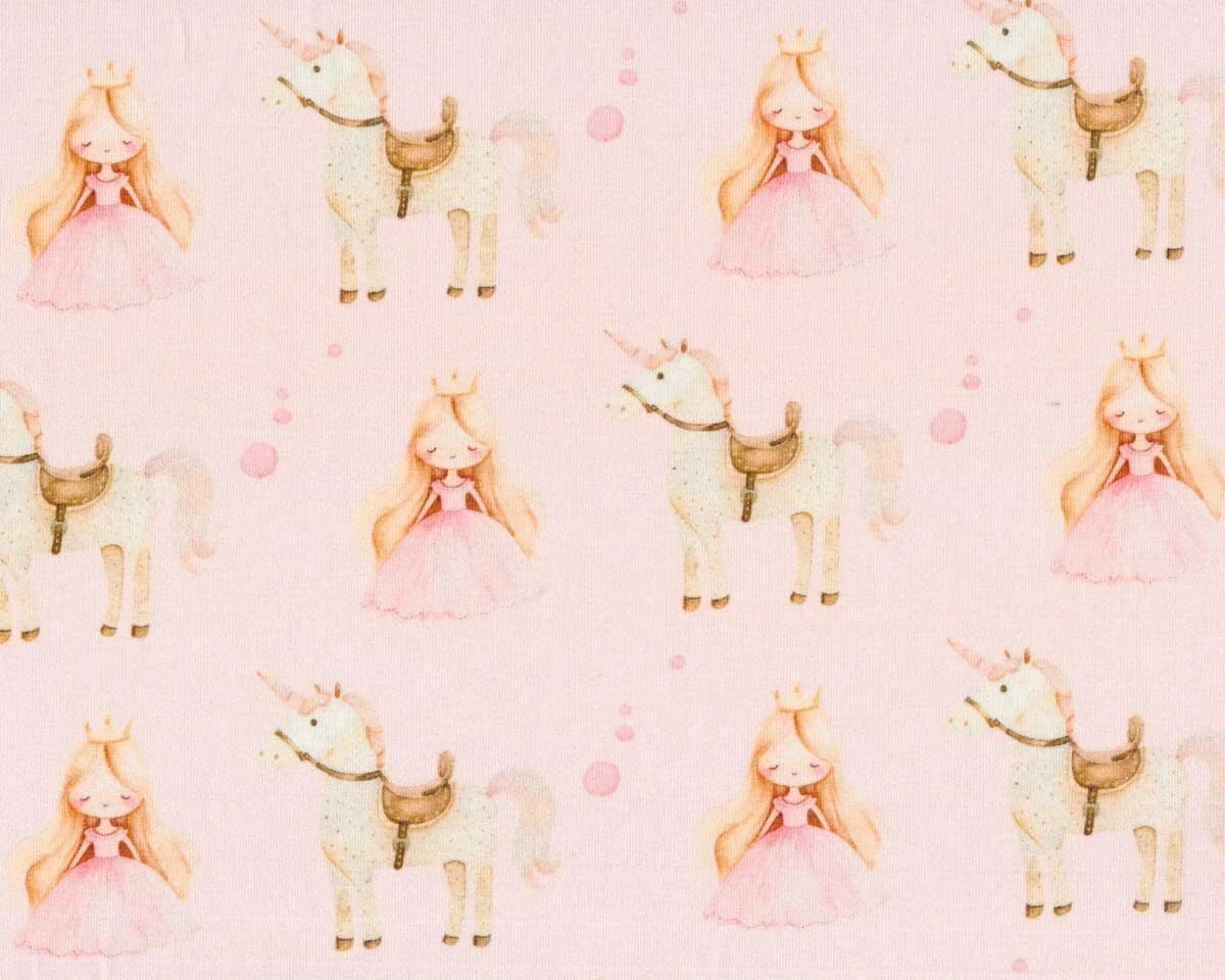 Baumwolljersey BELLE, Prinzessin und Einhorn, rosa, Hilco
