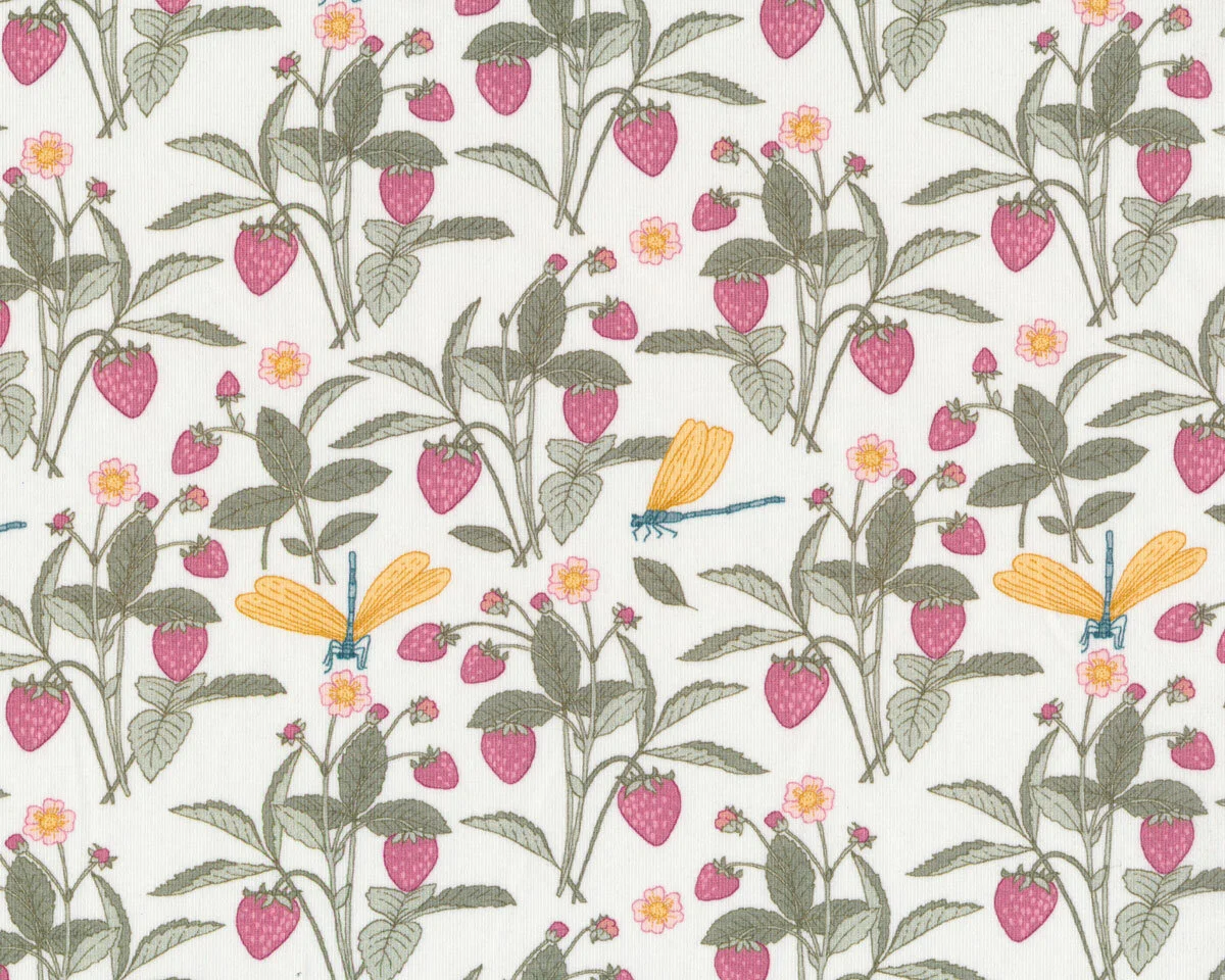 Baumwolljersey BOTANIC STRAYBY, Erdbeeren & Libellen, dunkles rosa, Hilco