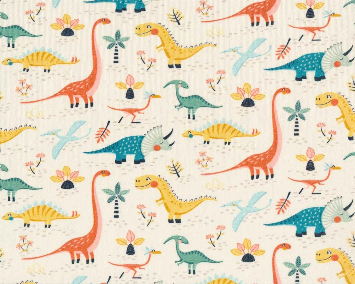 Baumwolljersey DINO'S WORLD, Dinos, petrol-gelb, Hilco