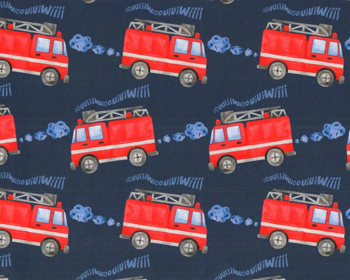 Baumwolljersey FIRE TRUCK, Feuerwehrauto, dunkelblau, Hilco