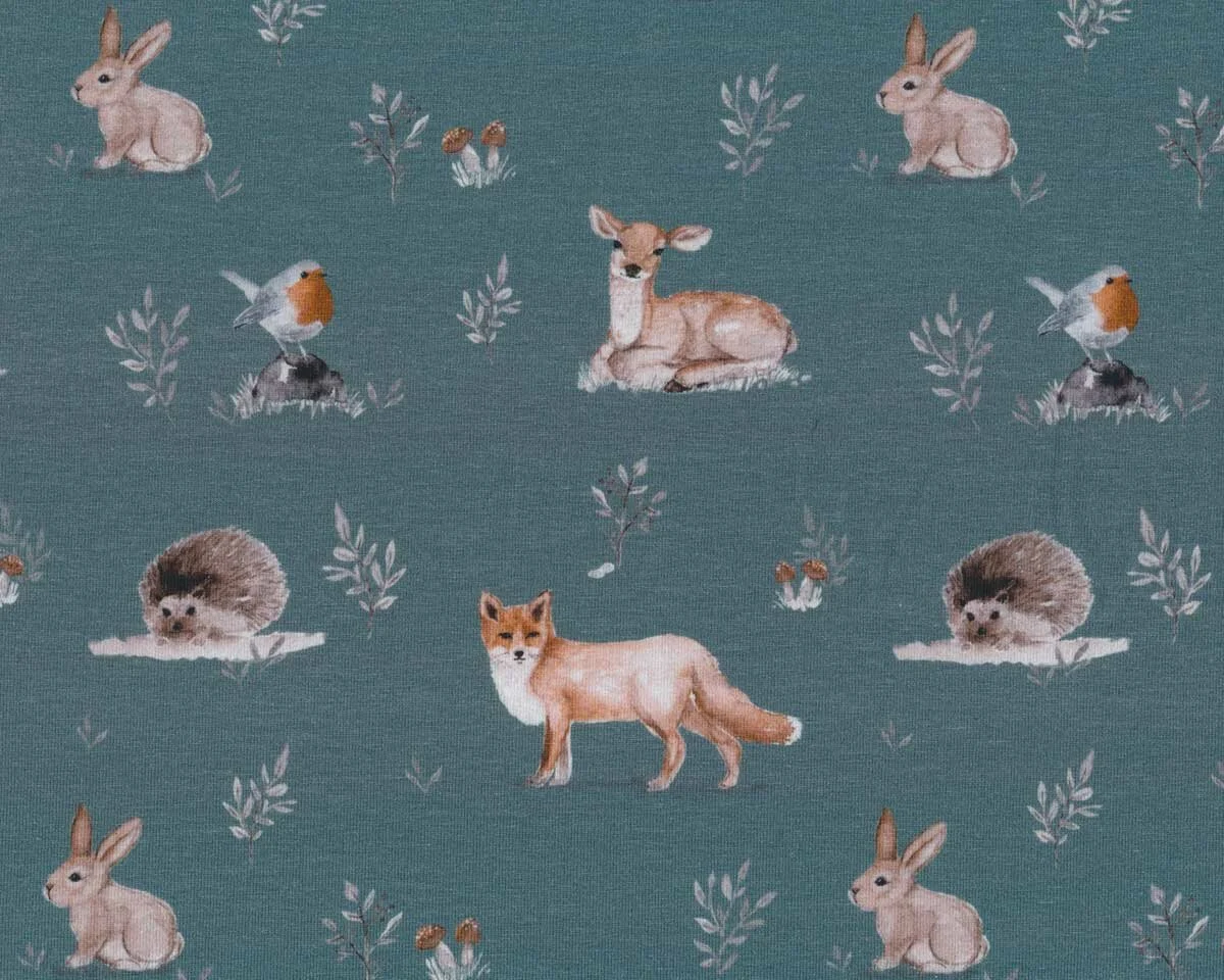 Baumwolljersey FOREST ANIMALS, Fuchs, blaugrau, Christiane Zielinski