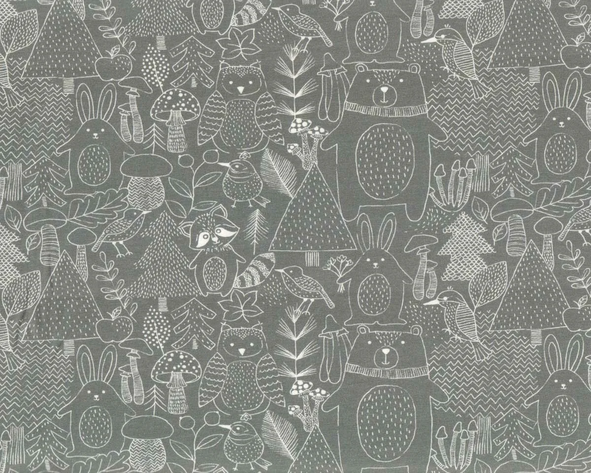 Baumwolljersey FORREST ANIMAL, Waldtiere, grau, Hilco