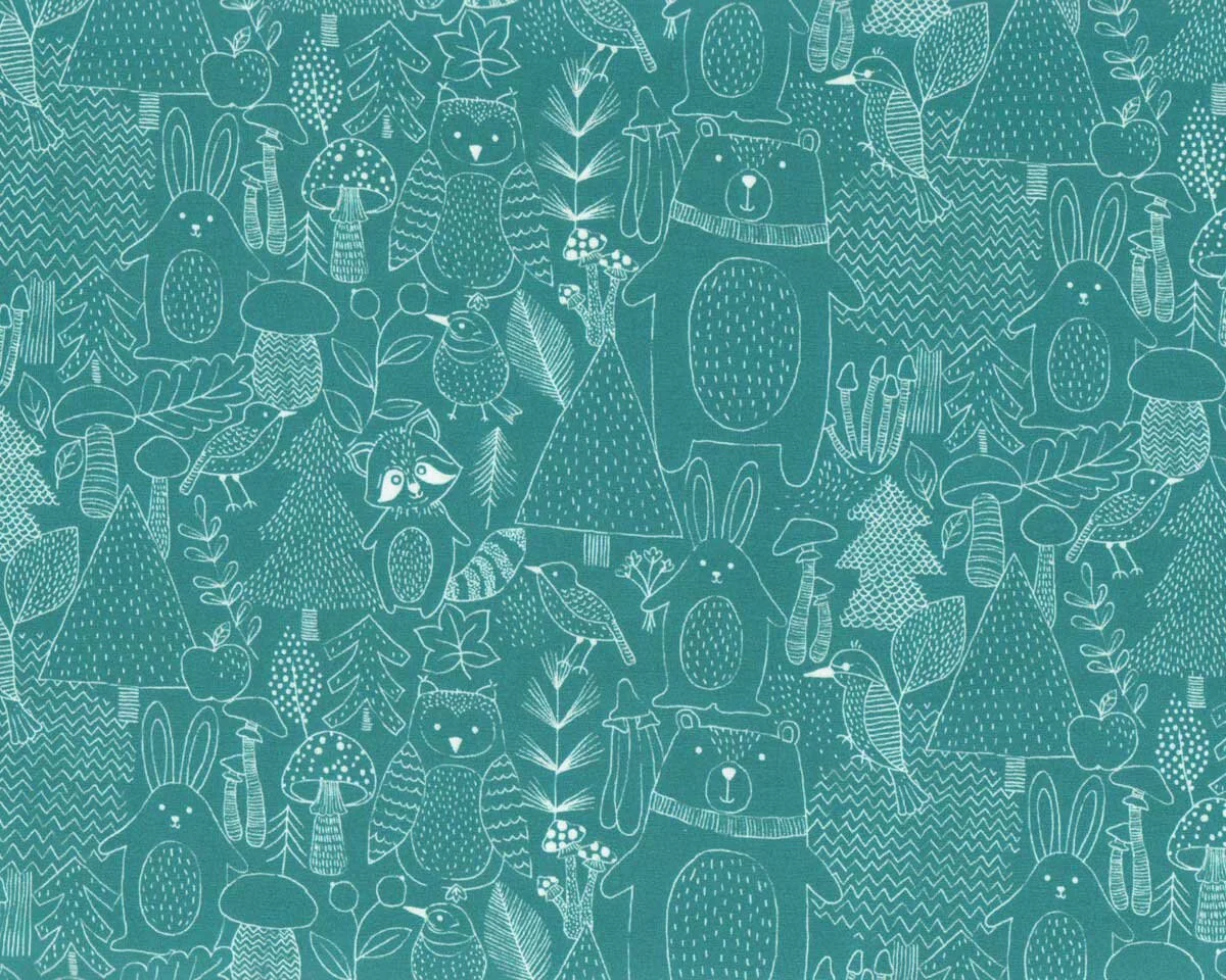 Baumwolljersey FORREST ANIMAL, Waldtiere, petrol, Hilco