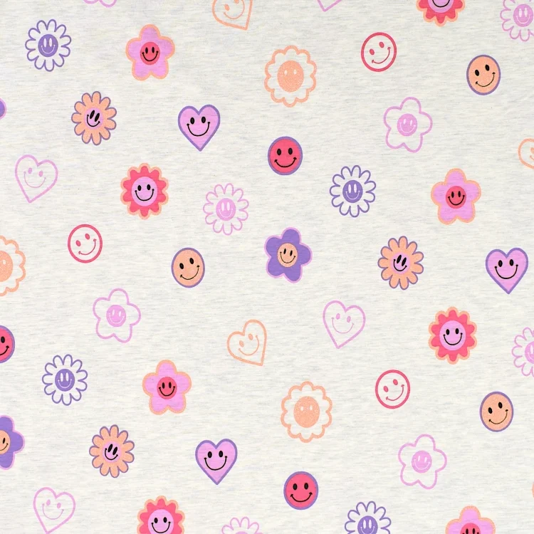 Baumwolljersey Glitter Happy Faces, ecru melange