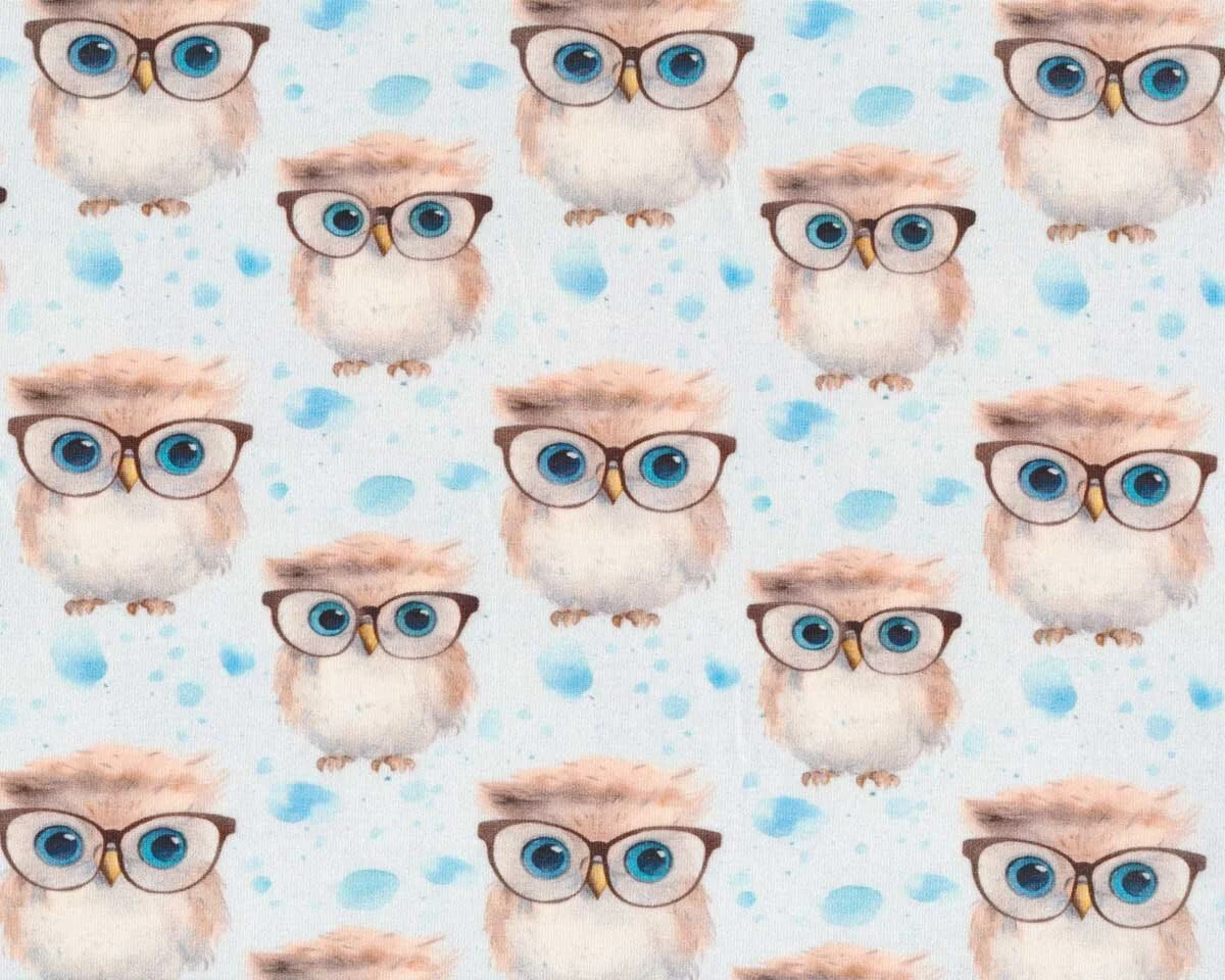 Baumwolljersey HEDWIG, Eulen mit Brillen, hellblau, Hilco