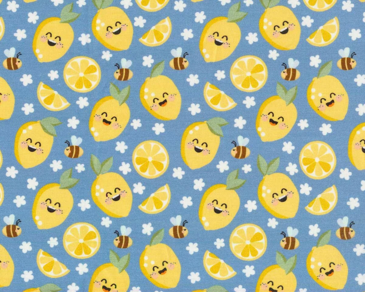Baumwolljersey HELLO LEMON, Zitronen, taubenblau, Hilco