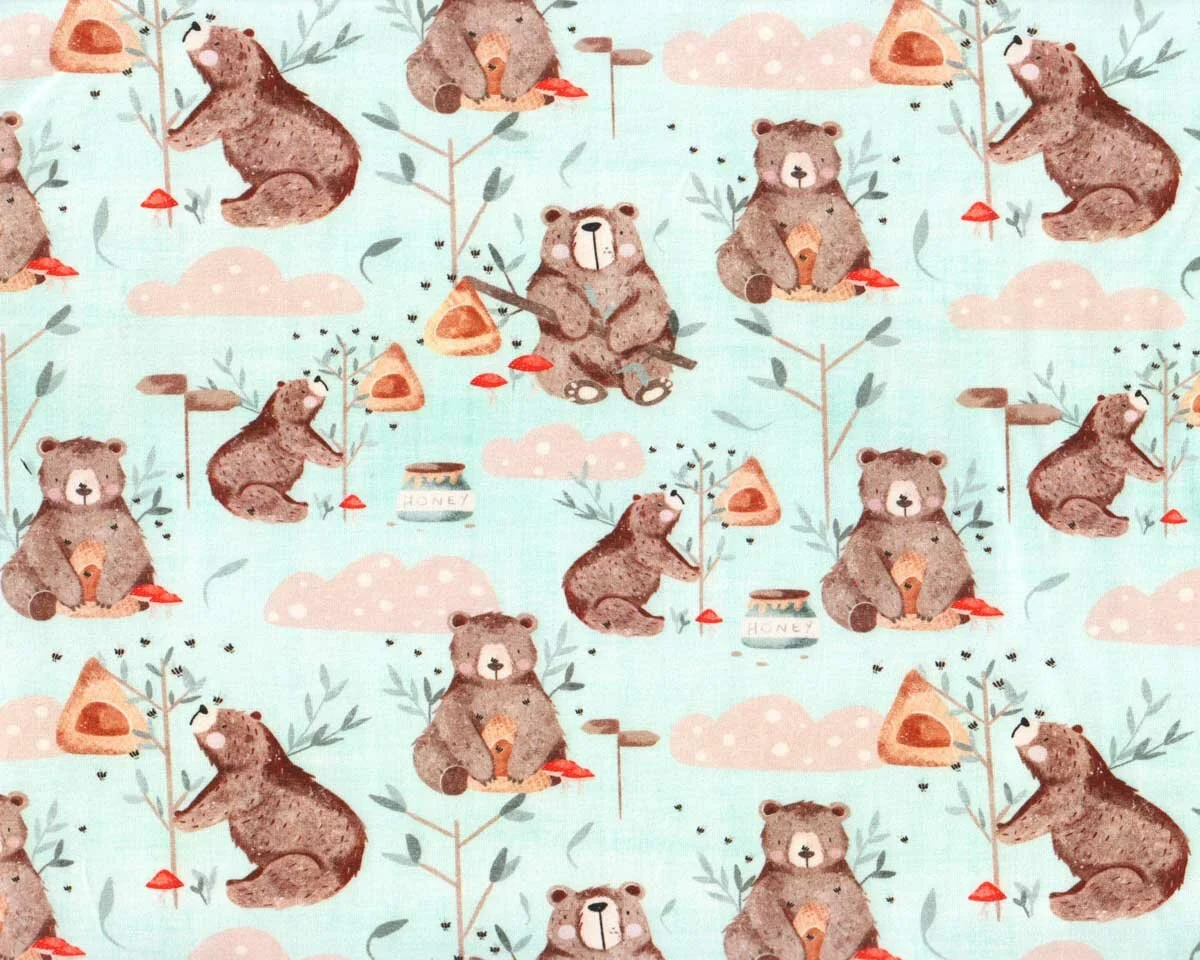 Baumwolljersey HONEY BEAR, Bär mit Honig, hellblau-braun, Hilco