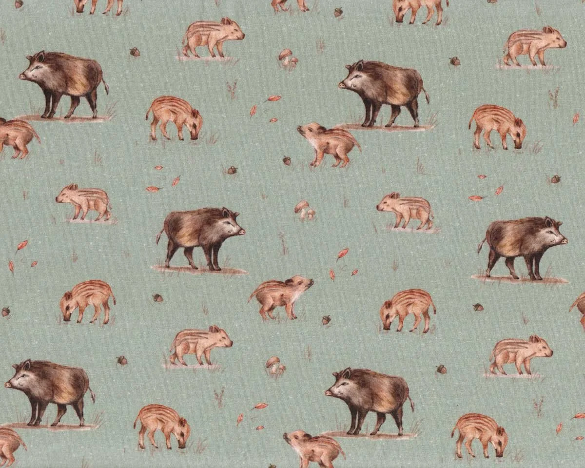 Baumwolljersey LIFE IN THE FOREST, Wildschwein, graublau, Christiane Zielinski
