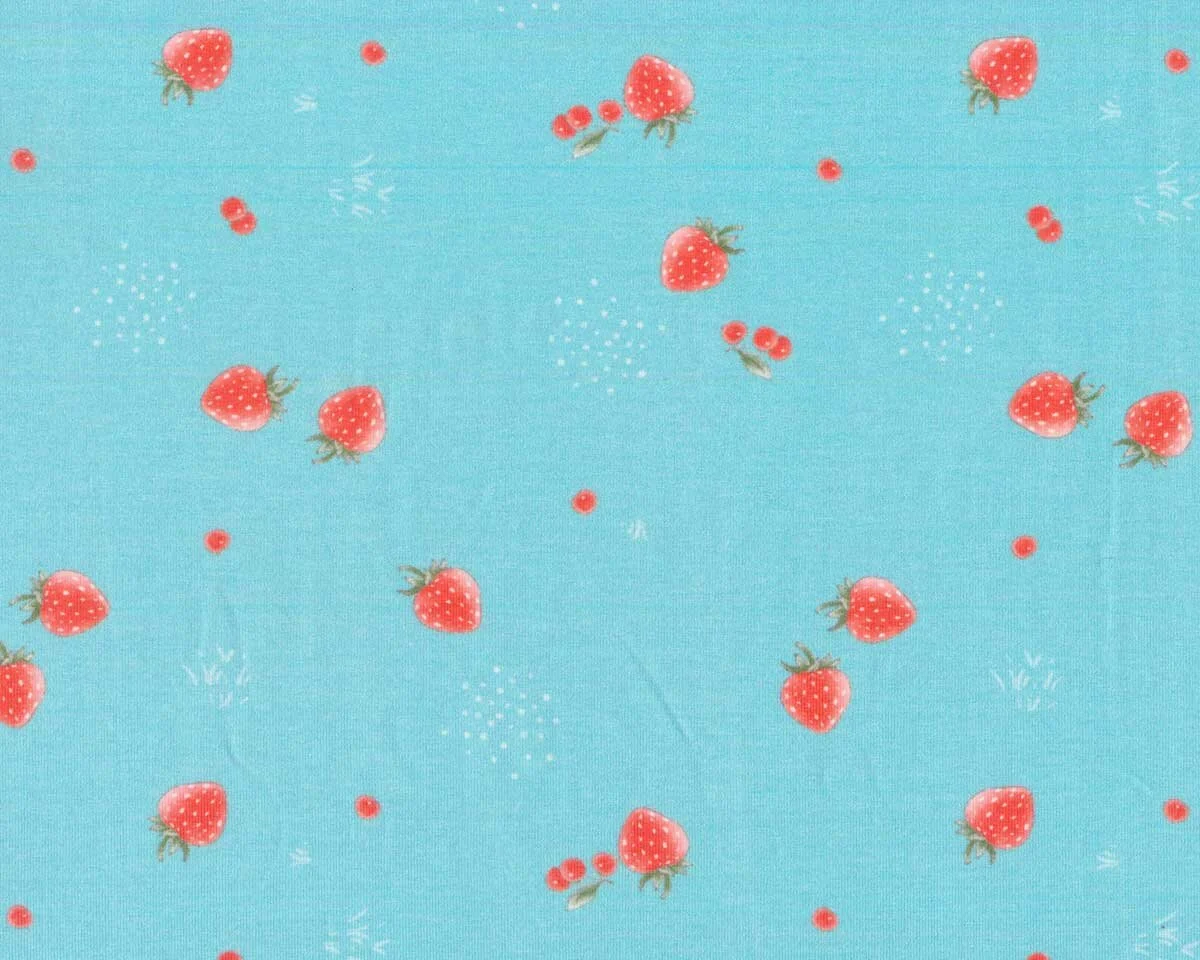 Baumwolljersey MINI FRUITS, Erdbeeren, hellblau, Hilco