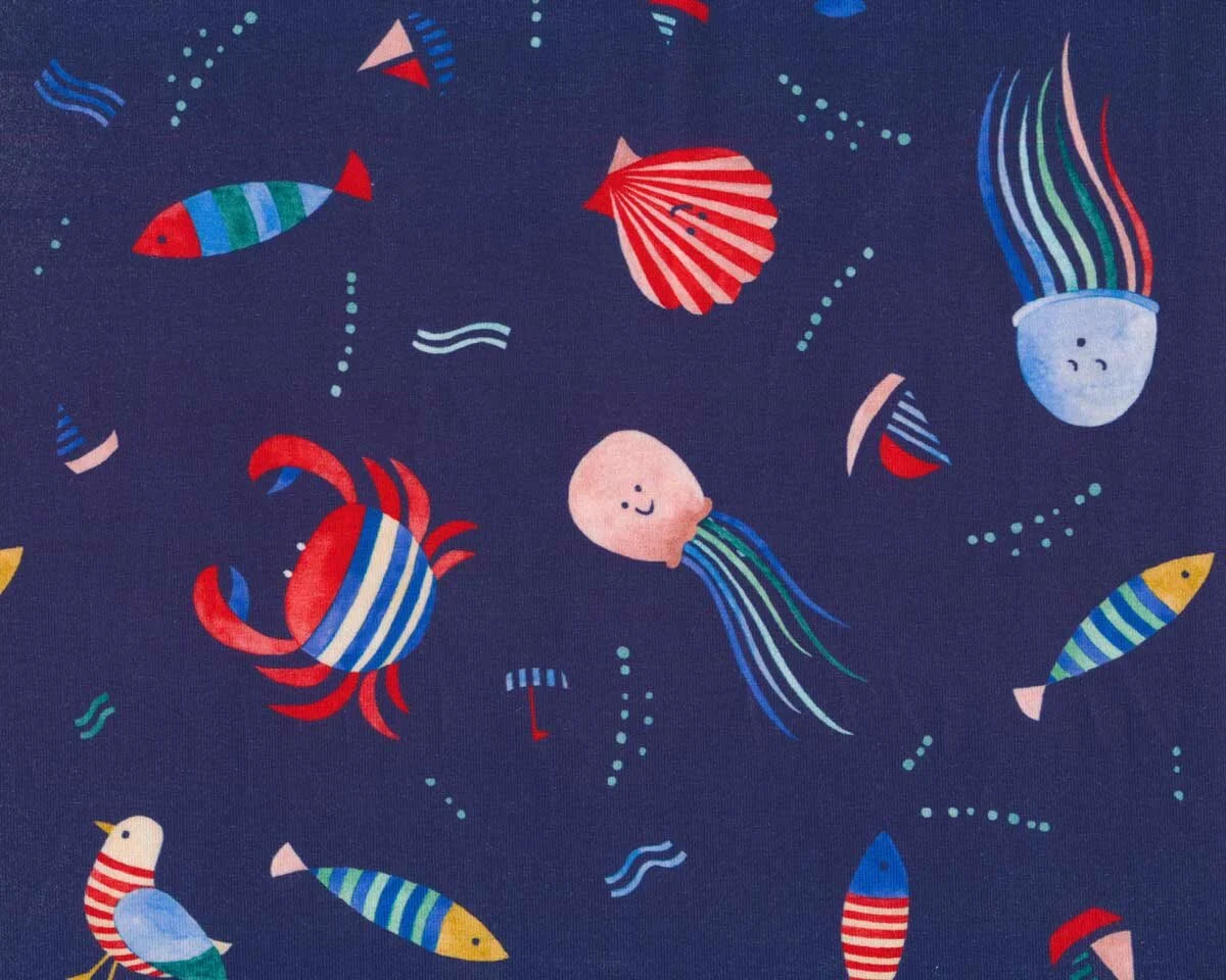 Baumwolljersey OCEAN FRIENDS, Krebs und Qualle, dunkelblau, Hilco