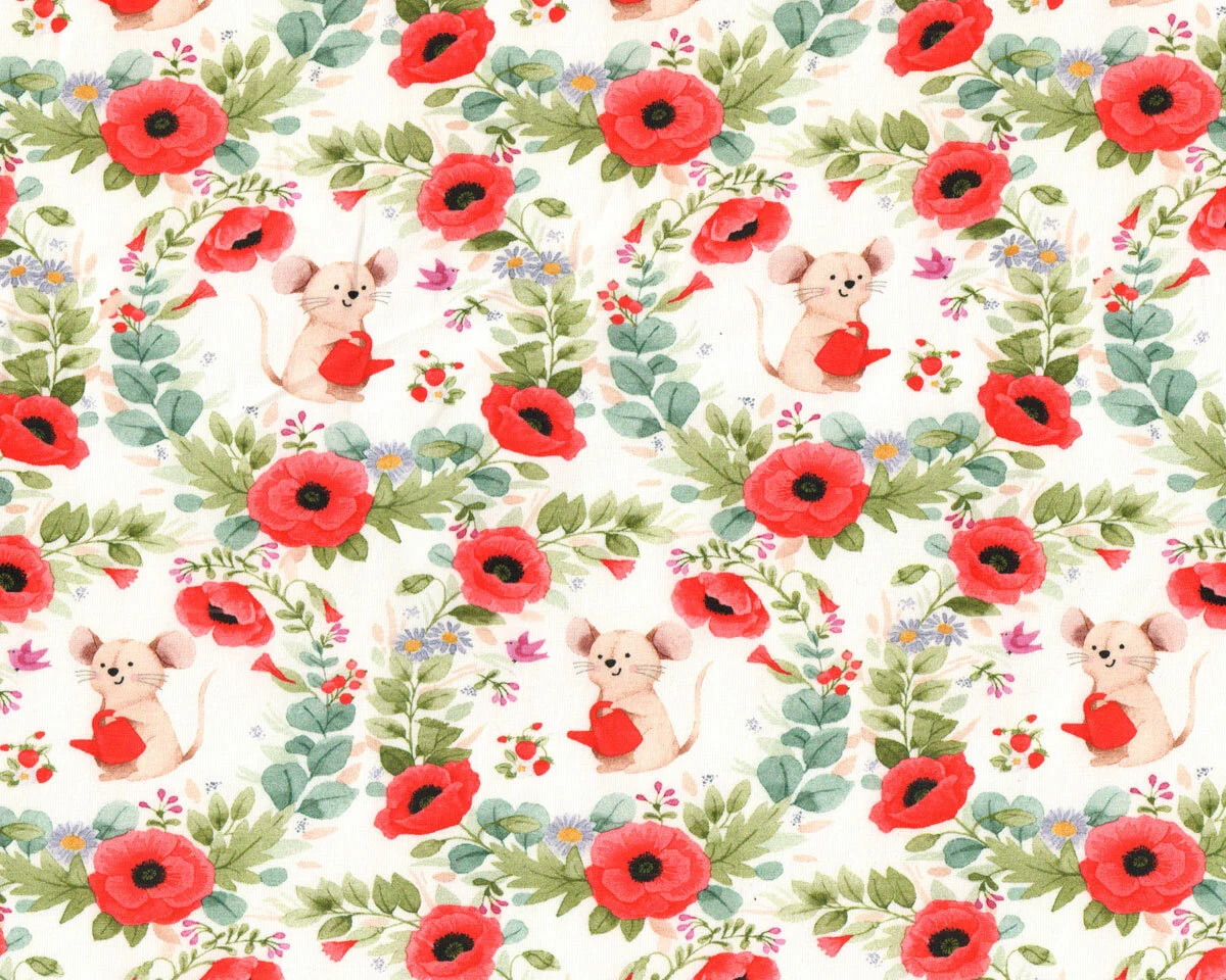 Baumwolljersey POPPIES, Mäuschen im Mohnblumenkranz, hellrot, Hilco