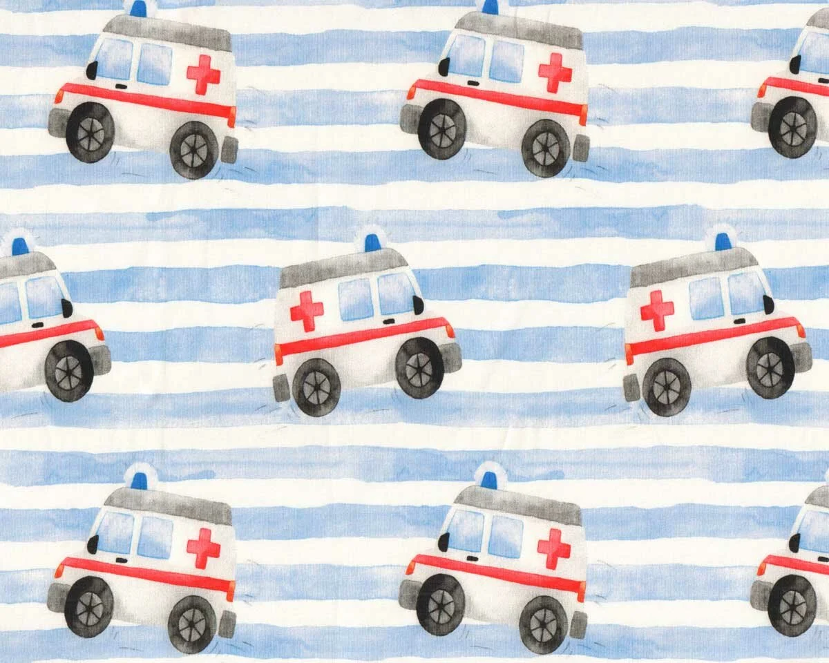 Baumwolljersey RESCUE TEAM, Krankenwagen, weiß-hellblau, Hilco