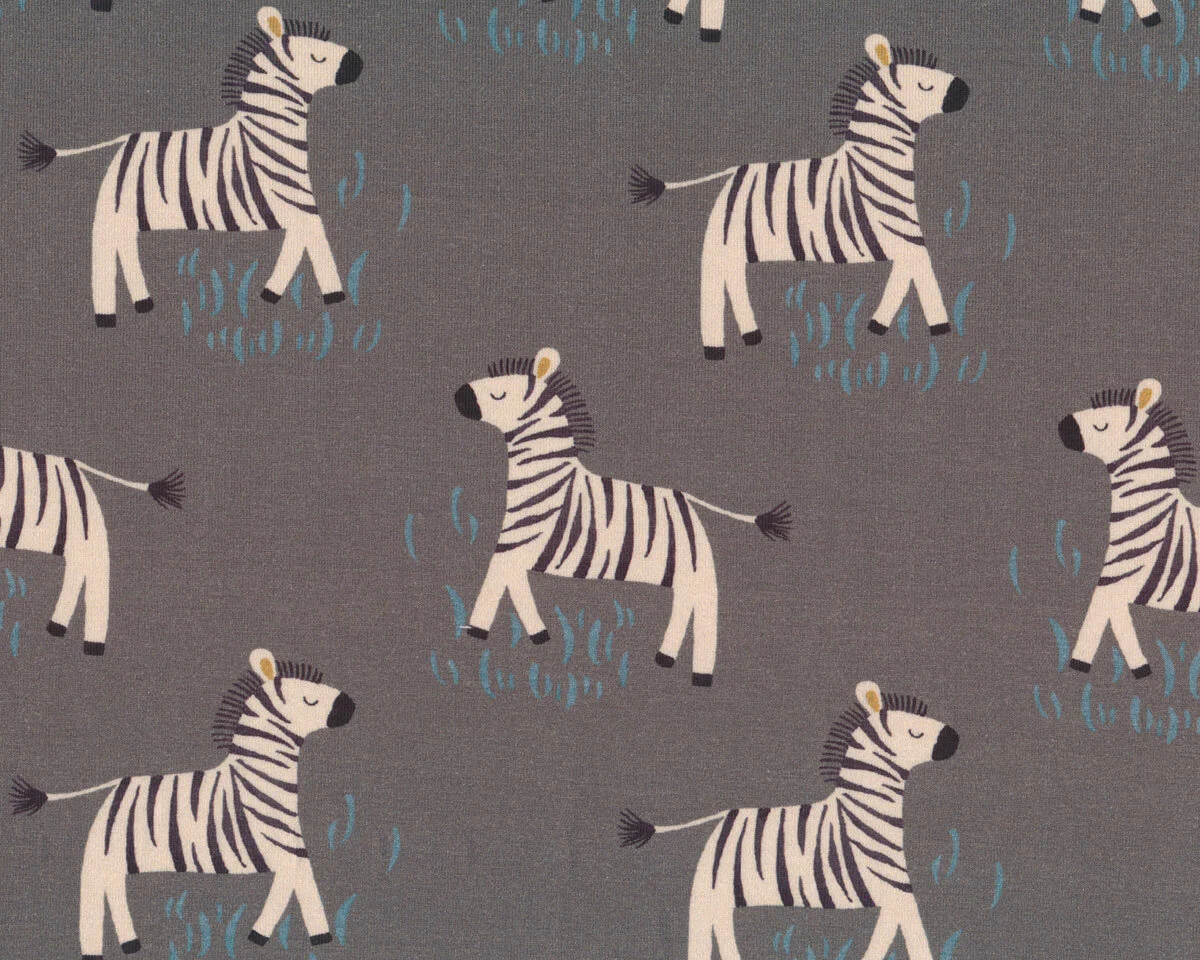 Baumwolljersey SAVANA FRIENDS, Zebras, grau