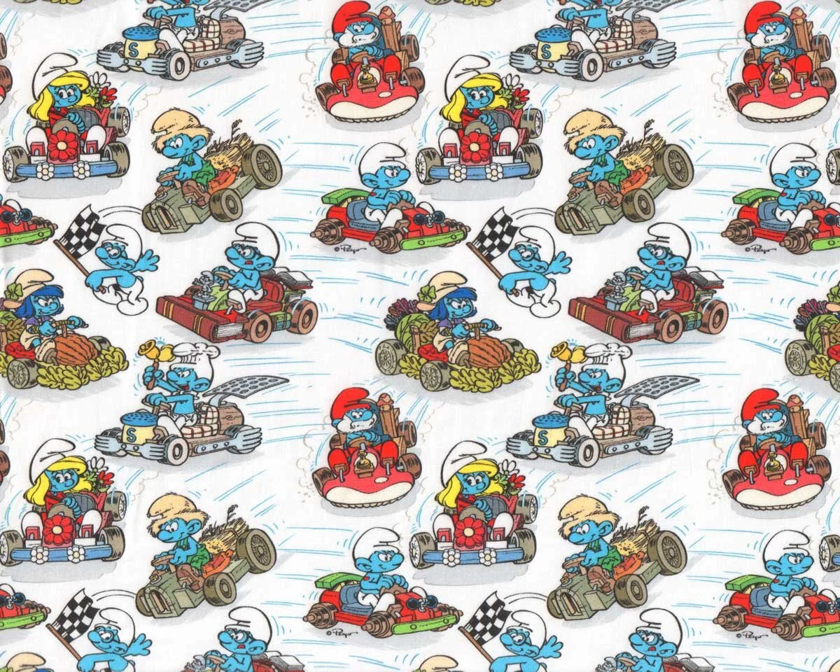 Baumwolljersey THE SMURFS, Schlümpfe mit Gokart, ZannaZ