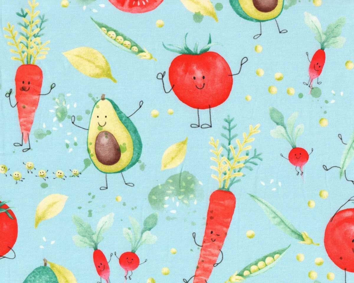 Baumwolljersey VEGGY FRIENDS, Avocado und Tomate, hellblau, Hilco