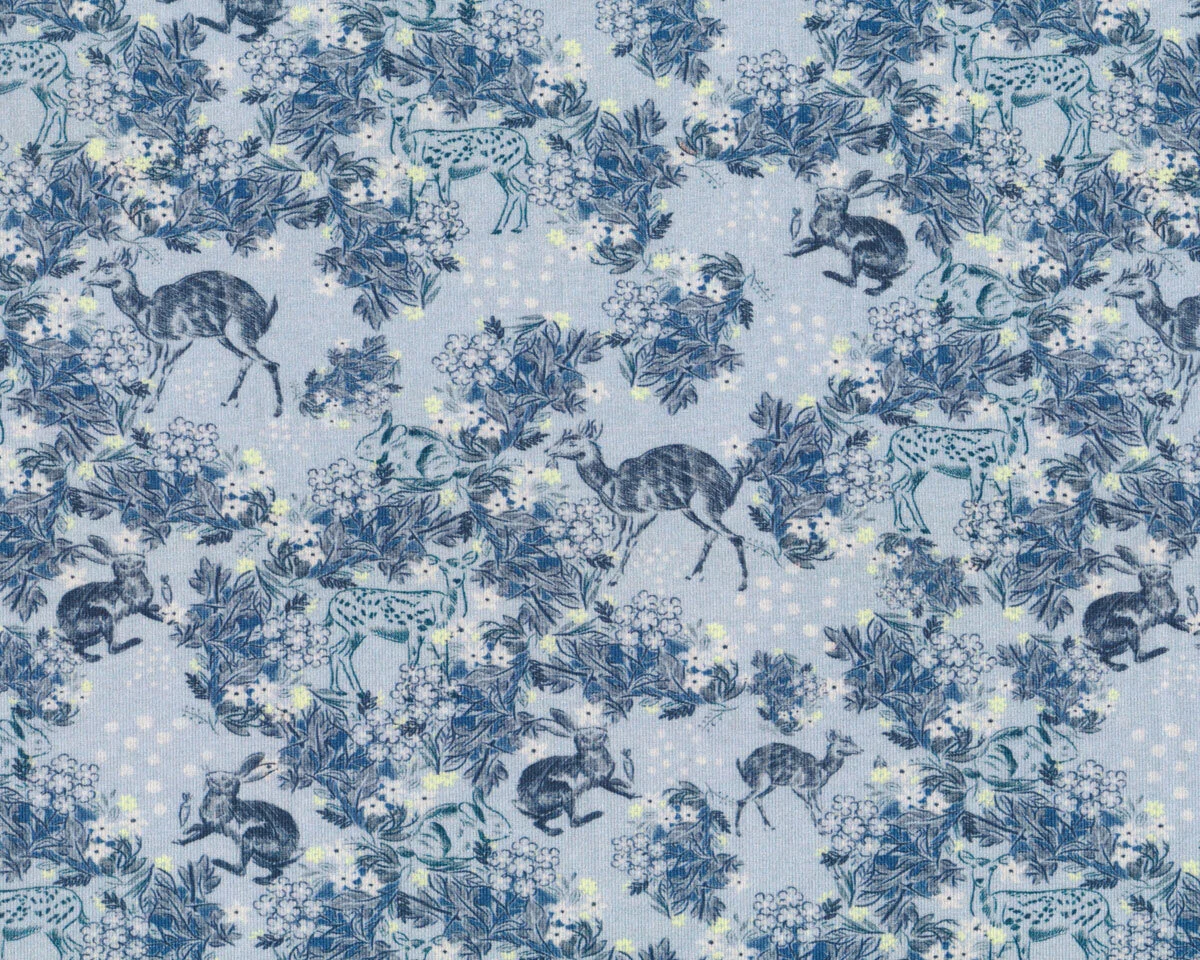 Baumwolljersey WILD BAMBI, Rehkitz, Hase und Blumen, blau, Hilco