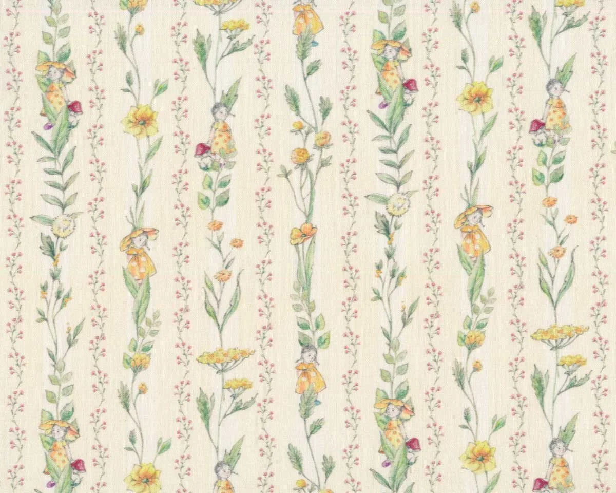 Baumwollstoff BLUMENKINDER UND RANKEN, grün-gelb, Carola Gutwill, Acufactum