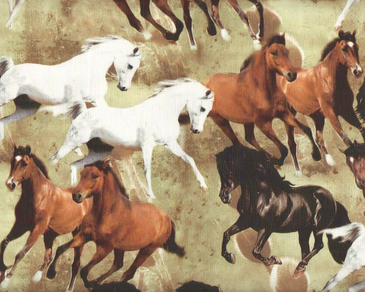 Baumwollstoff, Digitaldruck HORSES GARDEN, Pferde, hellbraun-dunkelbraun