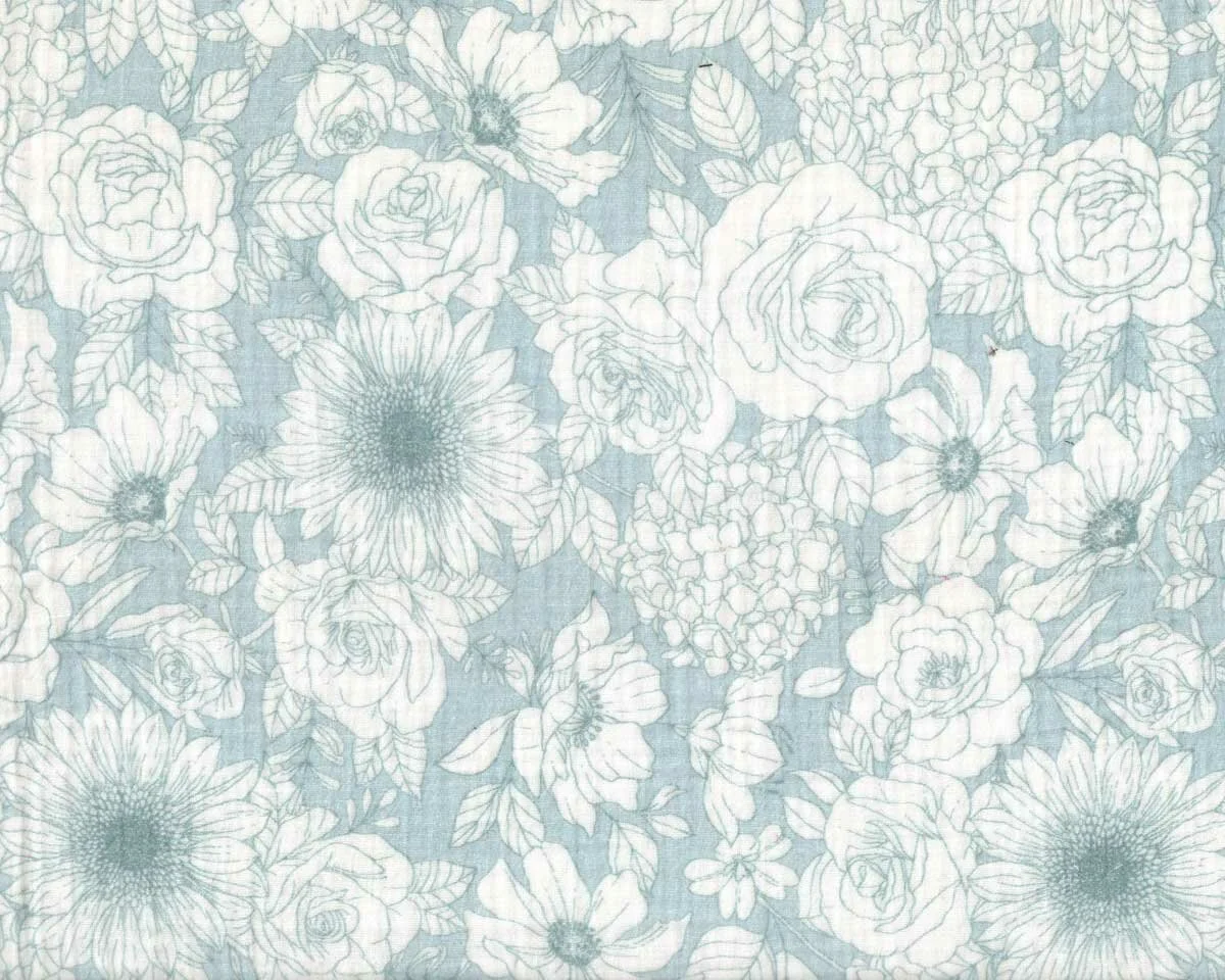 Baumwollstoff Double Gauze GARDEN MARIE, Sommerblumen, taubenblau, Hilco