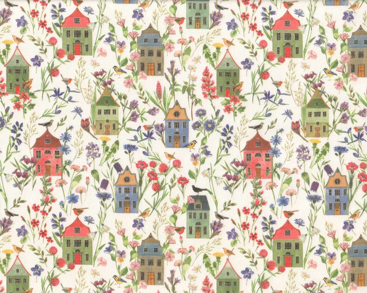 Baumwollstoff HÄUSER UND BLÜTEN, Acufactum