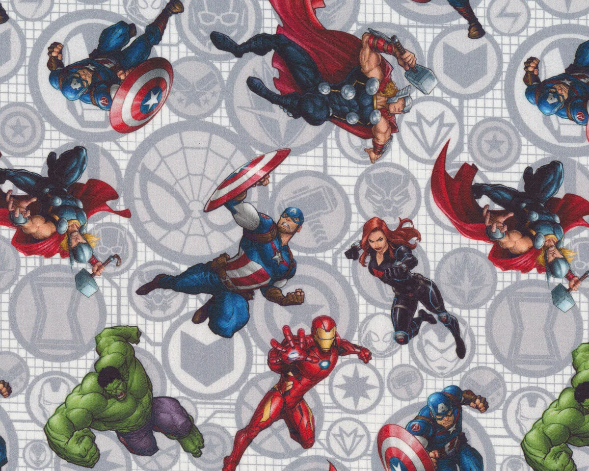 Baumwollstoff MARVELMANIA, Superhelden, hellgrau