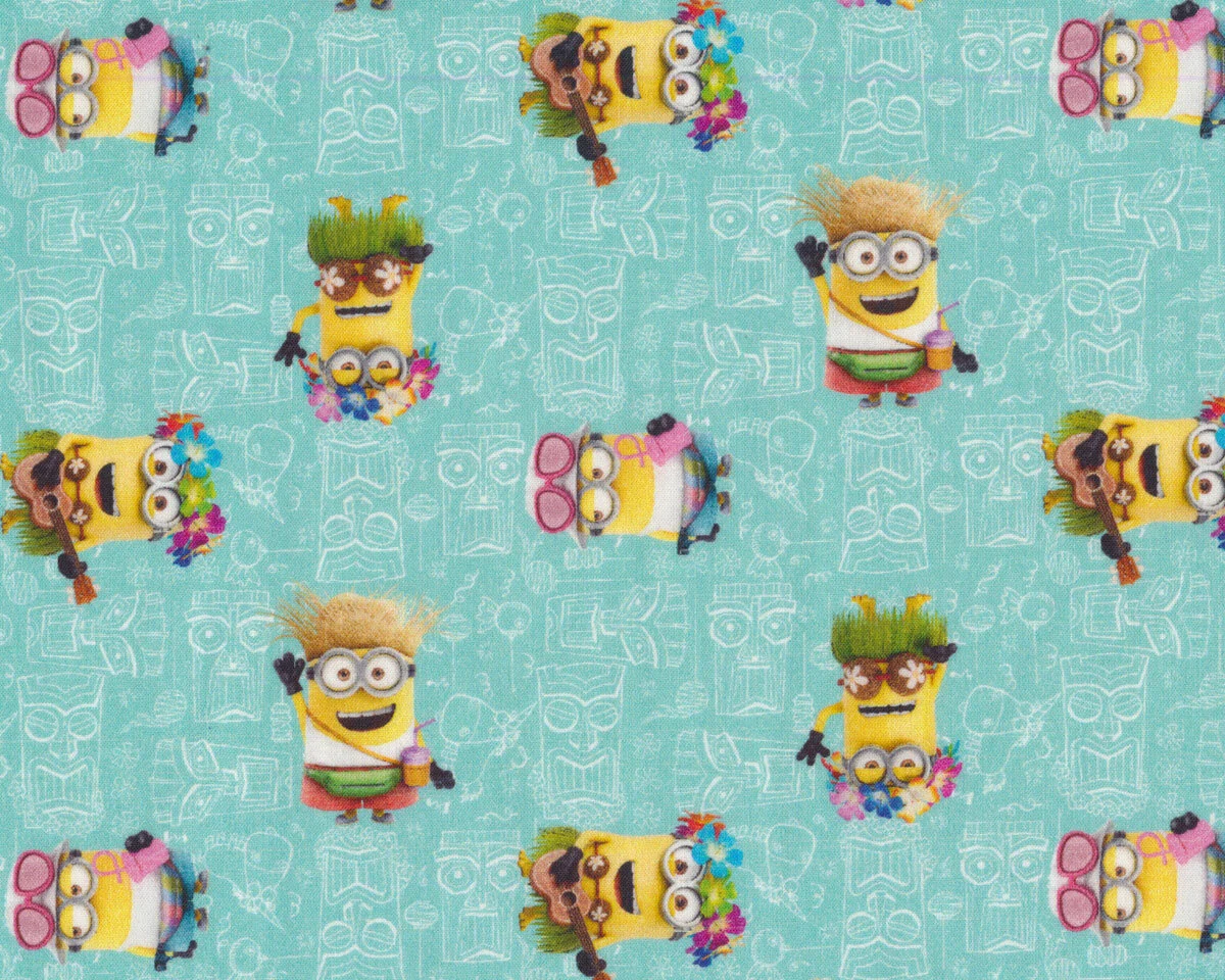 Baumwollstoff MINIONS im Hawai-Urlaub, türkis