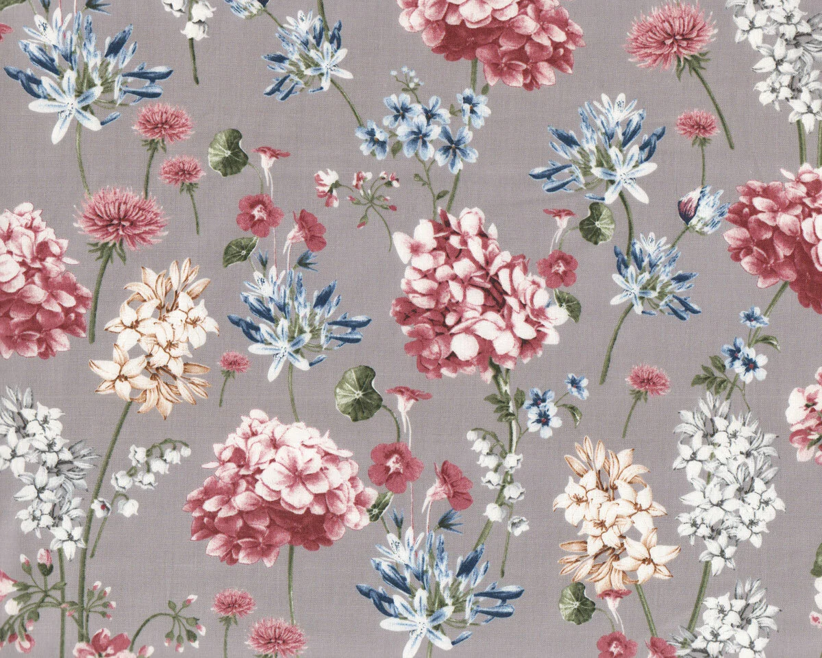 Baumwollstoff MOST BEAUTIFUL, Rotklee, grau, ring a roses