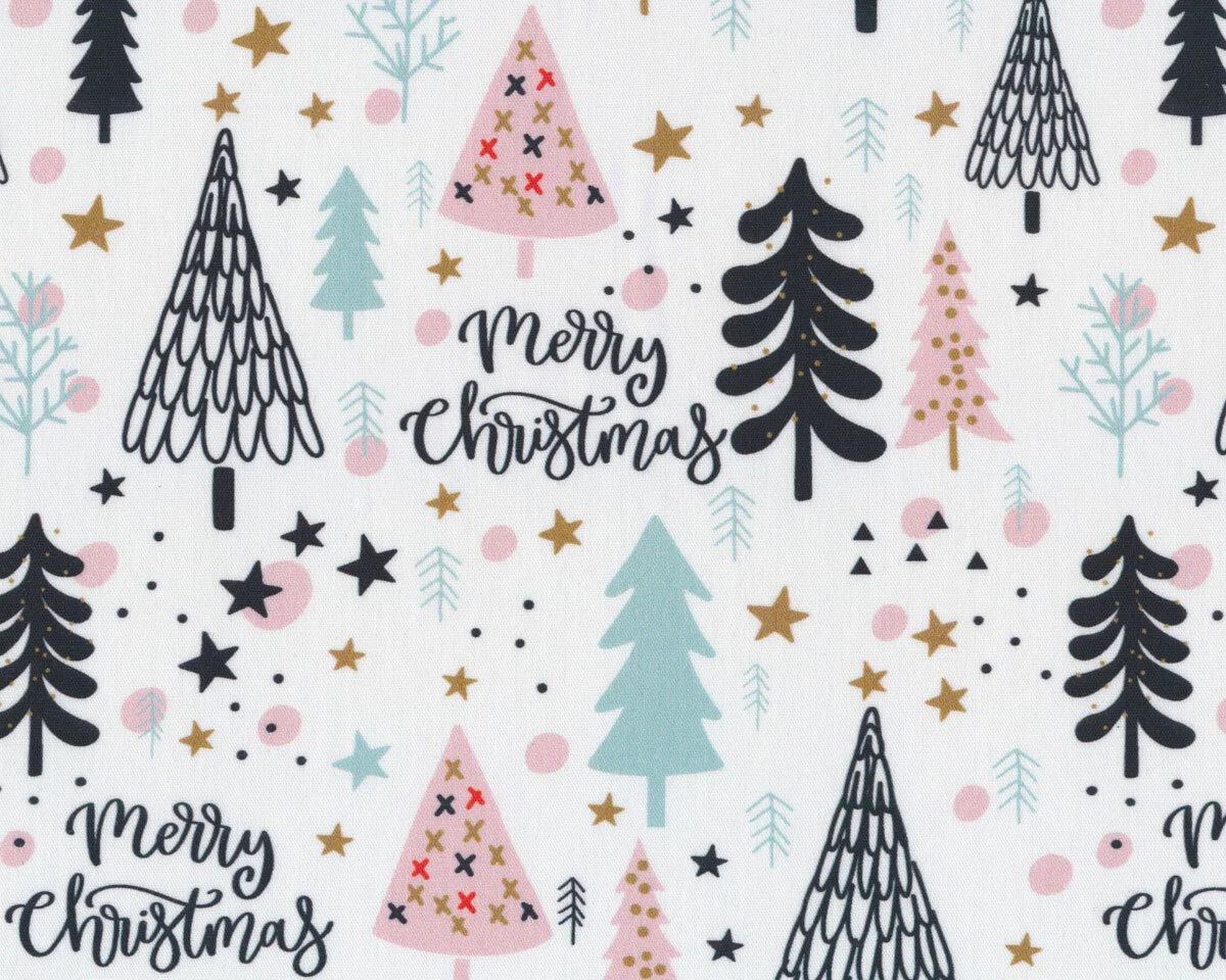 Baumwollstoff NOEL, Weihnachtsbäume & Schrift, weiß