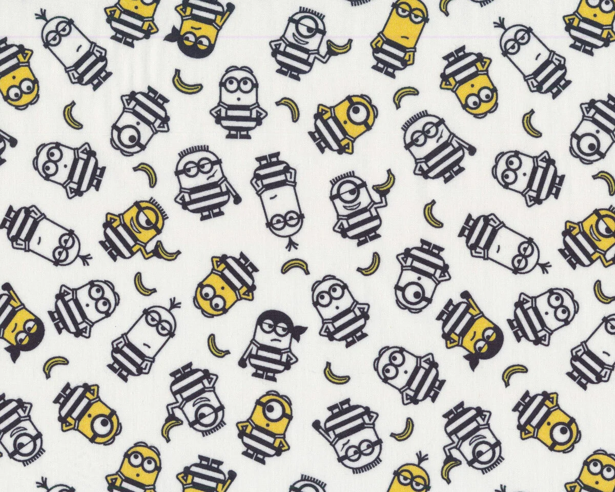 Baumwollstoff PIKTO MINIONS im Gefängnis, weiß