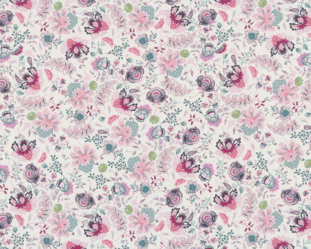 Baumwollstoff Popeline FLOWER PRINTS, Paisley-Blüten, rosa