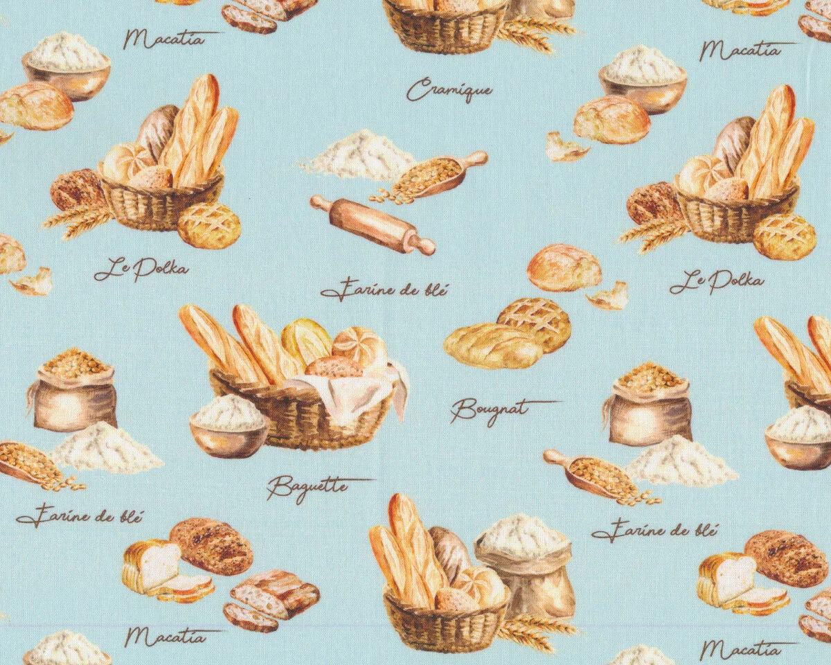 Baumwollstoff PROVENCE, Brot und Baguette, hellblau, Patricia Meyer