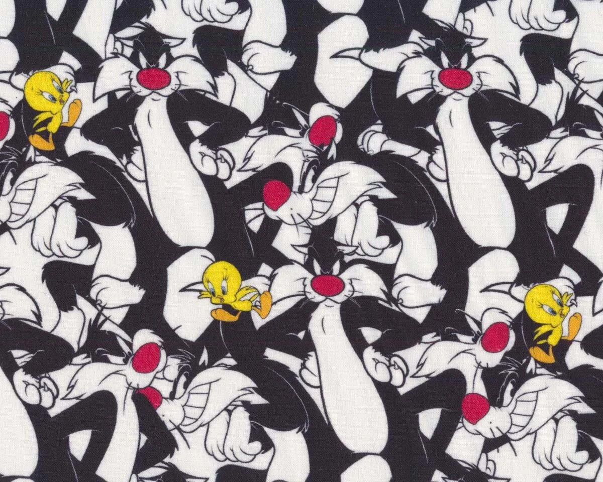 Baumwollstoff SUPERSIZED, Sylvester und Tweety, schwarz-weiß