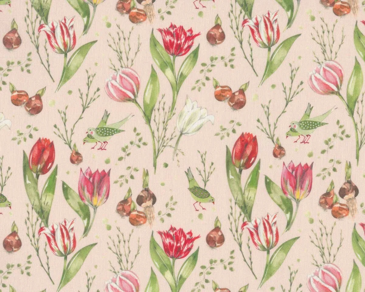 Baumwollstoff TULPENZEIT mit Vögeln, Acufactum