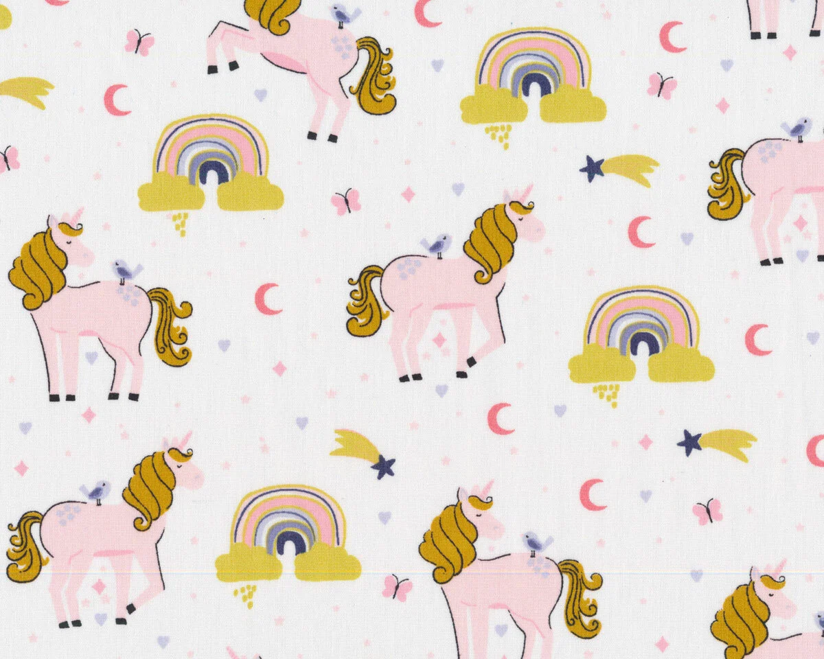 Baumwollstoff UNICORNS AND RAINBOWS, Einhörner, weiß